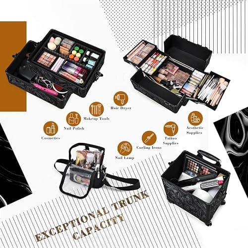 Stagiant Rolling Makeup Case 4 in 1 Cosmetology Case on Wheels Makeup Travel Case with Cosmetic Bag Key Swivel Wheels Salon Barber Case Traveling Cart Trunk Cosmetic Trolley Alpine Black thumbnail 3