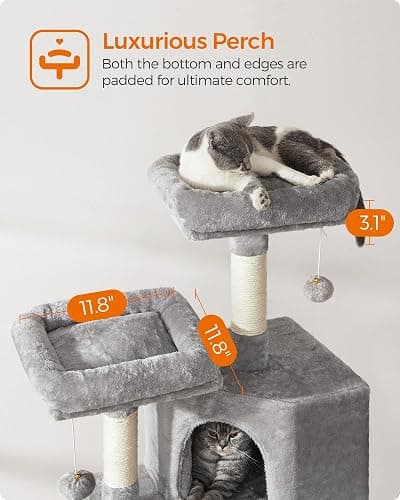 Feandrea Cat Tree, 45.3-Inch Cat Tower, Plush Condo with Scratching Post, Ramp, Perch, Spacious Cave, for Small Space, Light Gray UPCT141W01 thumbnail 3