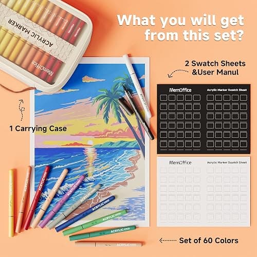 MemOffice Direct Liquid Acrylic Paint Markers, 60 Colors Brush Tip Pens with Carrying Case, No Bleed, Waterproof, for Rock, Wood, Canvas, Glass, Fabric, DIY Crafts for Adults thumbnail 7