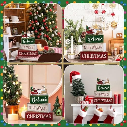 Lineshading 4 Pcs Christmas Table Decorations Wooden Stacked Block Santa | Rustic Farmhouse Block Sign with Believe Message, Tiered Tray Decor for Home Shelf, Xmas Decorations for Mantel Party thumbnail 4