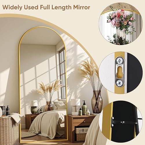 Homsion Full Length Mirror with Stand, 64"x21" Arched Mirror Large Standing Mirrors, Tall Mirrors Body Floor Mirror for Bedroom Living Room Aluminum Frame, Gold thumbnail 7