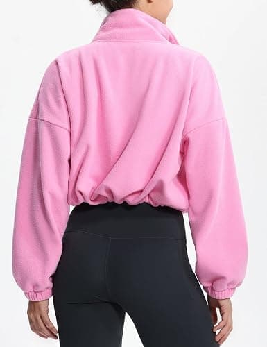 THE GYM PEOPLE Women's Fleece Cropped Jacket Full Zip Stand Collar Workout Short Sherpa Coats with Pockets Drawstring Hem thumbnail 2