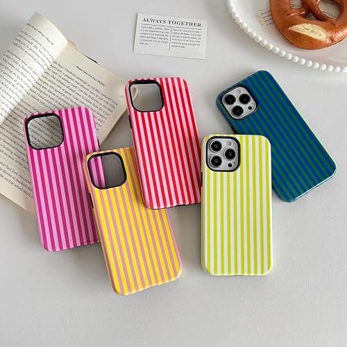 Longlayss Compatible with iPhone 14 Pro Case Cute Aesthetic Striped Phone Case for Women Girl Shockproof Slim TPU and Hard PC Protective Cover (Hot Pink) thumbnail 2