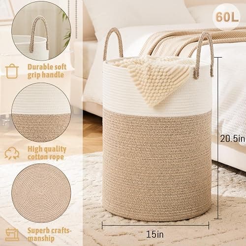 Artfeel Laundry Basket,Woven Cotton Rope Laundry Hamper,60L for Decor Storage of Dirty Clothes,Toys and Blankets in Bathroom,Baby Room and Living Room thumbnail 2