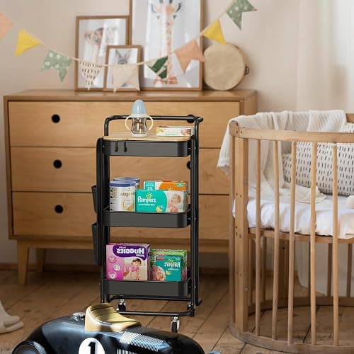 DTK 3 Tier Metal Utility Rolling Cart with Table Top and Side Bags, Tray Storage Organizer Wheels, Art Craft 4 Hooks for Kitchen Bathroom Office Living Room (Black) thumbnail 2