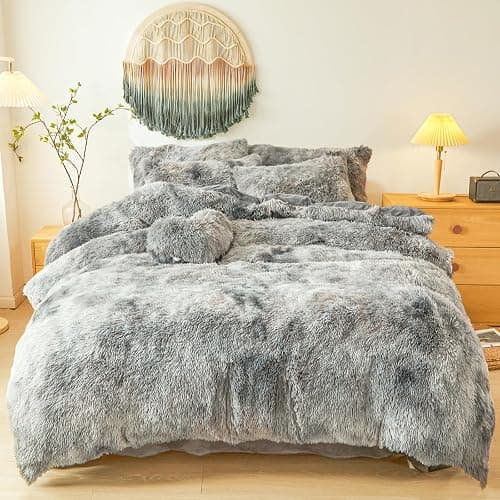 Besfunny Plush Fluffy Tie Dye Dark Gray Comforter Cover Queen Set – Faux Fur Plush Tie Dye Dark Gray Bedding 3-Piece Set (1 Duvet Cover + 2 Furry Pillow Shams) Cozy Bed Set - Image 1