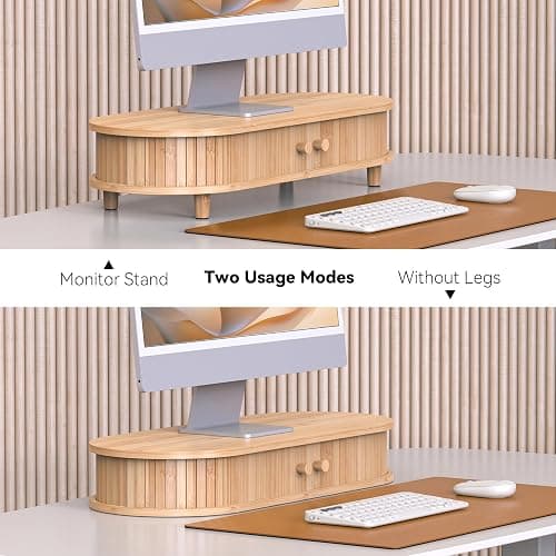 WELL WENG Bamboo Monitor Stand with Storage, Curved Computer Laptop Stand Desk Shelf Organizer with Sliding Doors (25 inch) thumbnail 6