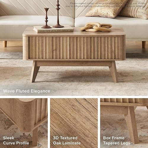 mopio Brooklyn Coffee Table, Lift Top Coffee Tables for Living Room, Mid Century, Modern Farmhouse Center Table with Lifting Top & Hidden Storage, Fluted Panel, Rising Pull Up (Oak Fluted) thumbnail 3
