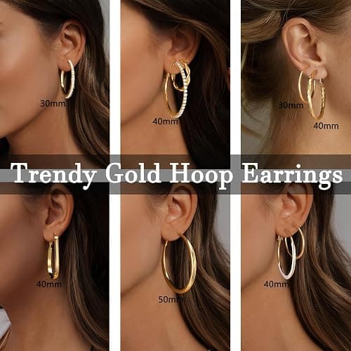 12 Pairs Gold Hoop Earrings Set for Women, Lightweight Hoop Jewelry | Large hoop earrings, 30mm 40mm 50mm sizes, Lightweight design, 14K gold plated, Hypoallergenic, Perfect Jewelry Gift thumbnail 5