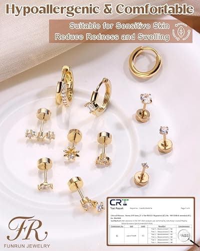 FUNRUN JEWELRY 20G Helix Piercing Jewelry Cartilage Earrings for Women | Hypoallergenic Surgical Stainless Steel Gold Flat Back Stud Hoop Earring Set for Daith Tragus Conch Body Piercing Jewelry thumbnail 7