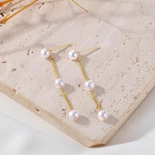 Moodear Dainty Pearl Dangle Earrings for Women - Trendy 14K Gold Plated Pearl Hypoallergenic Drop Earring Wedding Jewelry Gift thumbnail 7