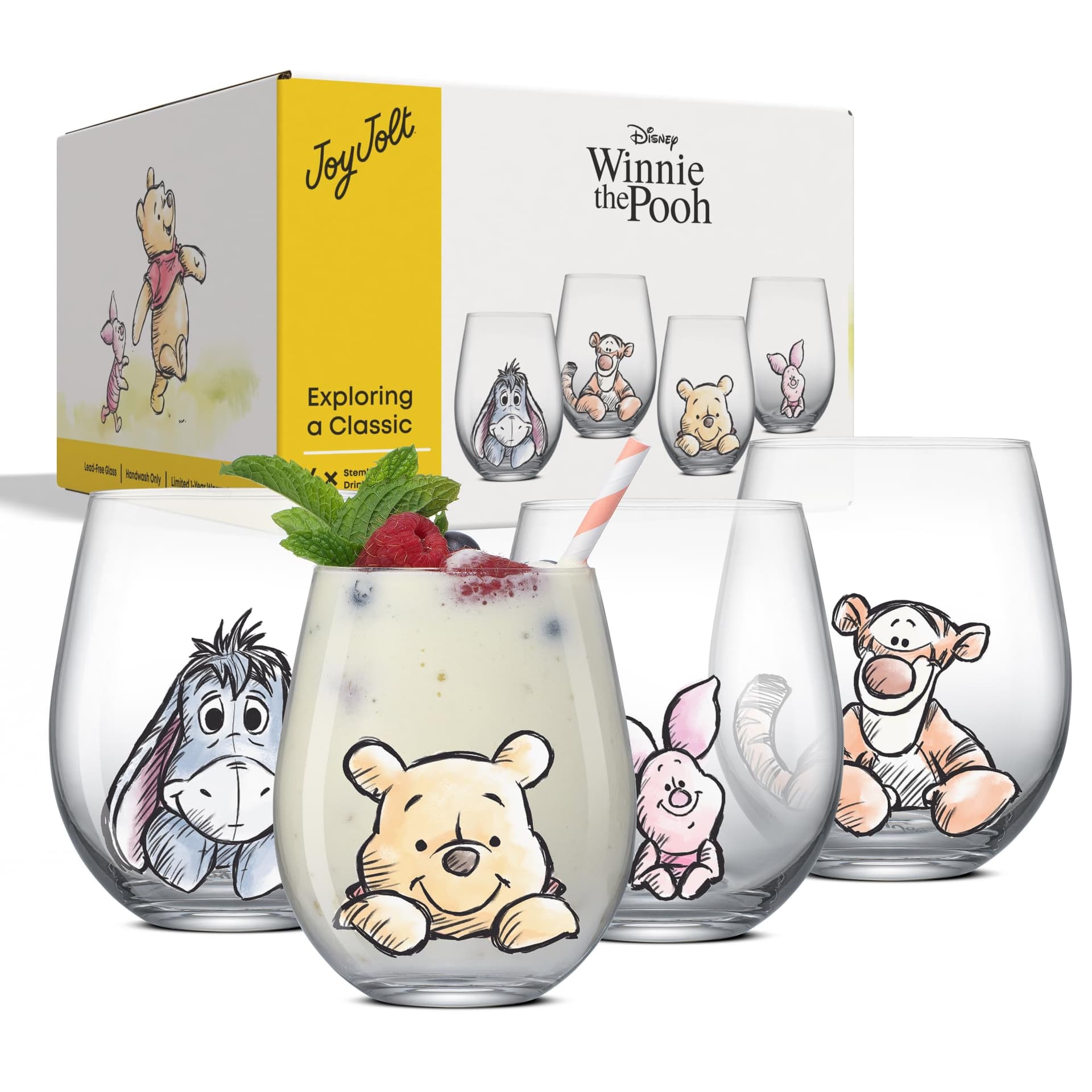 JoyJolt Vasos de Vidrio Winnie the Pooh de 19 Onzas, Juego de 4 Tazas de Cocina sin Tallo, Regalo para Adultos thumbnail 8