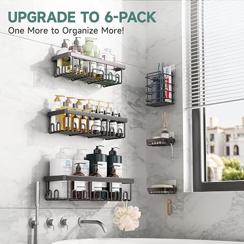 Veken Shower Caddy 6-Pack, Advanced Rustproof Design, No Drilling Adhesive Shelves, Rack with Soap Holder, Large Capacity Bathroom Organizers and Storage, Wall-Mounted Kitchen & Home Decor thumbnail 5
