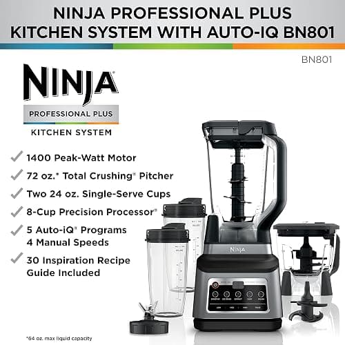 Ninja BN801 Professional Plus Kitchen System, 1400 WP, 5 Functions for Smoothies, Chopping, Dough & More with Auto IQ, 72-oz.* Blender Pitcher, 64-oz. Processor Bowl, (2) 24-oz. To-Go Cups, Grey thumbnail 2