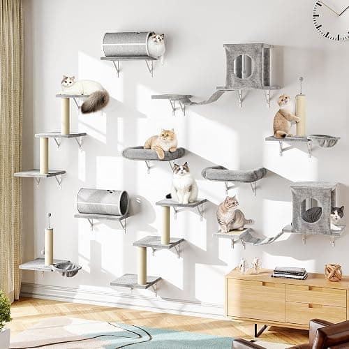 NUNU LAB Wall Mounted Cat Wall Shelves, 14-in-1 Cat Wall Climber with Bridge, Tunnel, House, Scratcher, Steps, Indoor Space-Saving Furniture for Kittens Play, Gray - Image 1