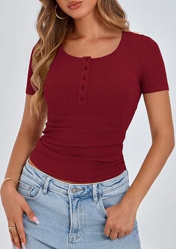 PRETTYGARDEN Women's 2025 Spring Summer Short Sleeve Tops Ribbed Henley Button Slim Fit Basic Casual T Shirts Blouse Clothing - Wine Red - Large thumbnail 3