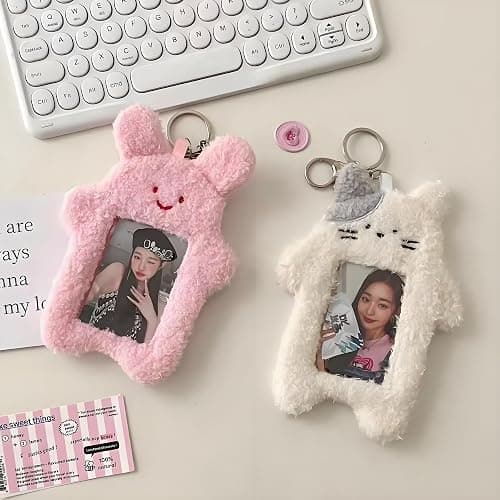 Plush Photocard Holder, White, Korean Style ID Card Cover, Rabbit Design, Student Identification Badge Sleeve thumbnail 7