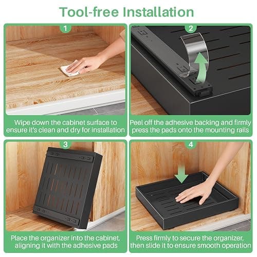 SAYZH Pull Out Cabinet Organiser, Heavy Duty Slide Out Drawer Storage Shelves for Kitchen Cupboard, Extendable Sliding Drawer(43 CM Depth x 25 CM Width x 9CM Height), No Need Drill(Black) thumbnail 7