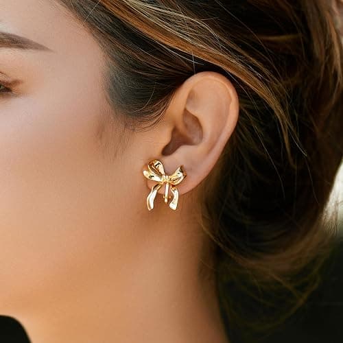 LOFITOR 14K Gold Plated Clip On Earrings for Women Non Piercing Bow Earrings Ribbon Dangle Drop Tassel Chain Statement Clip Earrings Lightweight Fake Bowknot Earring for Non Pierced Ears thumbnail 3