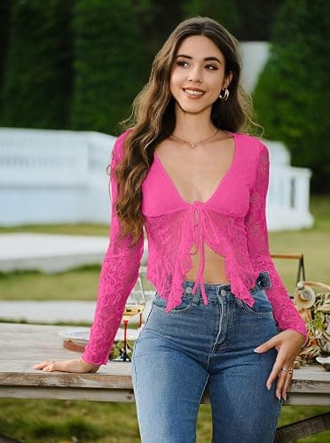 AGECODE Women's Sexy Open Front Tie Long Sleeve Ruffle Trim Sheer Mesh Lace Crop Tops Blouses thumbnail 5