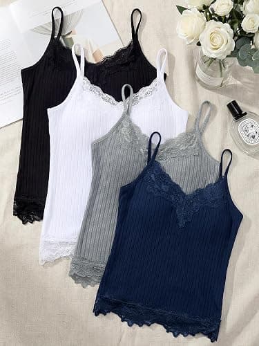 Fourluoo Women's Long Lace Tank Tops Camisole | Patchwork Tops for Women, Ribbed Cami, V-neck Camisole Undershirts, Adjustable Spaghetti Straps, Soft Stretchy thumbnail 6