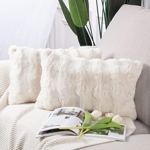 MADIZZ Pack of 2 Thick Plush Wool Throw Pillow Covers 12x20 Inch Cream Soft Neutral Decorative Throw Pillows Accent Boho Cushion Covers for Couch Sofa Bedroom Pillow Shell - Image 1