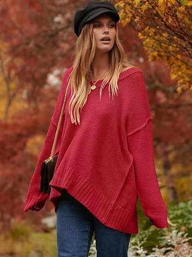 ANRABESS Women's Oversized Casual Loose Slouchy Scoop V Neck Batwing Long Sleeve Knit 2025 Fall Pullover Sweaters thumbnail 7