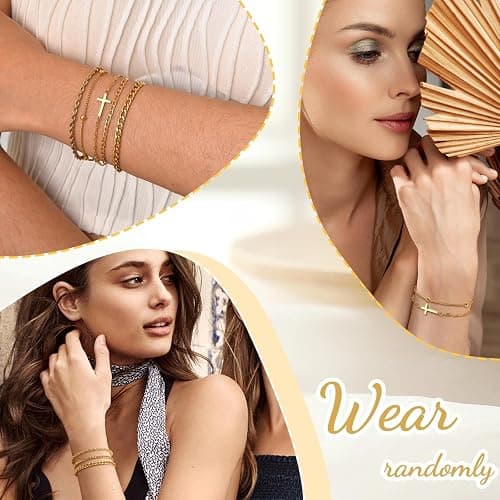 Cross Bracelets Gold Jewelry Gifts , 14k Gold Plated Layered Bracelet Snake Cuban Chain,Stackable Christian Bracelet Pack Womens Trendy Jewelry,Easter Christmas Christian Gift for Her Mom Girlfriend thumbnail 3