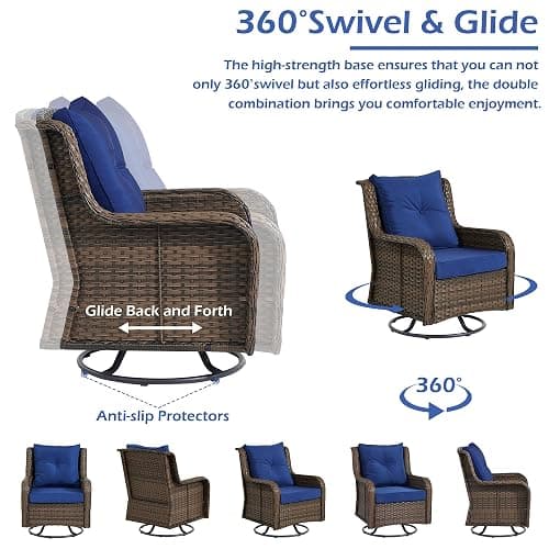 Wumiokio Patio Furniture Sets, 3 Pieces Wicker Outdoor Furniture - 360 Degree Swivel Rocking Chairs and Rattan Side Table for Garden,Porch,Backyard (Brown Wicker/Blue Cushion, 3PCS - Swivel Chairs) thumbnail 4