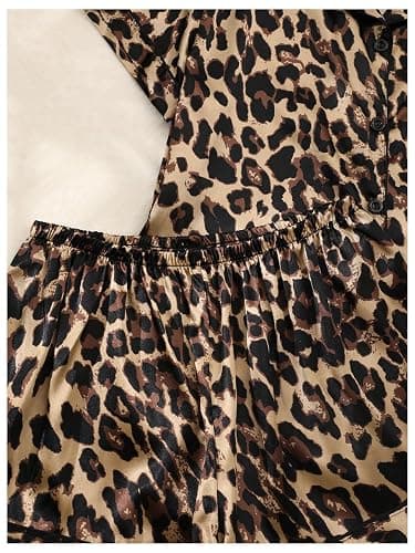SHENHE Women's 2 Piece Satin Pajama Set Leopard Short Sleeve Button Down Pj Shorts Set thumbnail 5