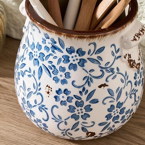 Utensil Holder for Kitchen Counter, Modern Farmhouse Rustic Cooking Utensil Holder and Crock, Exquisite Chinoiserie Floral Ceramic Utensil Organizer for Home Kitchen Decor- Blue and White Porcelain thumbnail 2