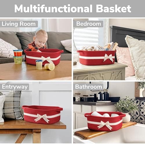 CHICVITA Small Woven Rope Gift Basket, Decorative Burr Basket, Red | 13" x 10" x 5" Storage Baskets for Toys & Baby Essentials, Fits Nursery & Bedroom Organization, Built-In Handles, Bow Design thumbnail 5