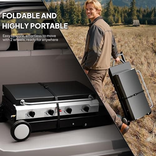 ROVSUN 4 Burner Foldable Propane Griddle with Wheels, Enameled Tray & Lid, 40000 BTU Portable Rolling Flat Top Gas Grill with Electronic Ignition & Regulator for Outdoor Cooking Camping BBQ Tailgating thumbnail 5