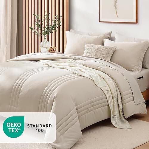 Queen Comforter Set-7 Pieces Beige Soft Bed in a Bag Queen Bedding Sets | Monbix All-Season Vertical Quilted Comforter with Sheets, Pillow Shams & Pillowcases thumbnail 4