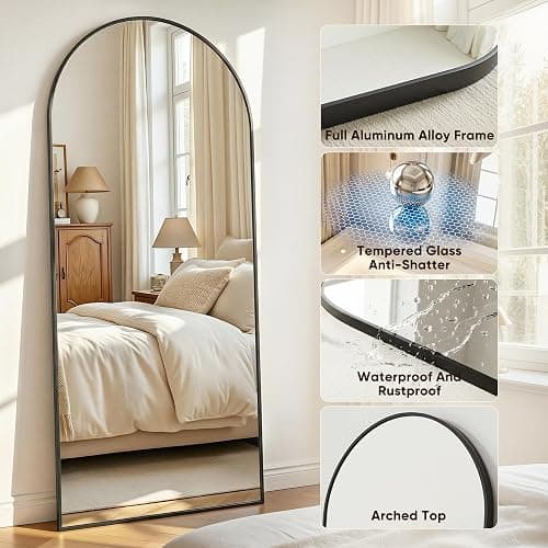 Antok Full Length Mirror, 58"x18" Floor Mirror with Stand, Hanging Mounted Mirrors for Bedroom, Living Room, Cloakroom, Dining Room, Black, Arched thumbnail 7