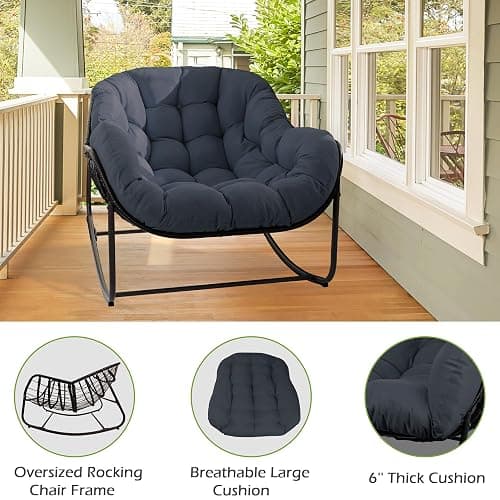 Quinora Papasan Rocking Chair, Oversized Papasan Chair with Cushion and Frame for Indoor& Outdoor, Deep Seat Egg-Shaped Rocker Chair for Garden, Deck, Living Room, Blue thumbnail 5