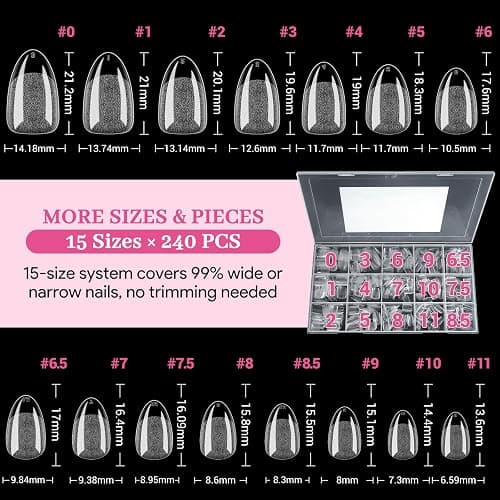 Qiek Short Almond Nail Tips - 15 Sizes 240 PCS Half Matte Full Cover Clear Fake Nails Pre-shaped Press On False Nail Tips Acrylic Soft Nail Gel Tips No C Curve Extension Manicure Home DIY Gelly Tips thumbnail 7