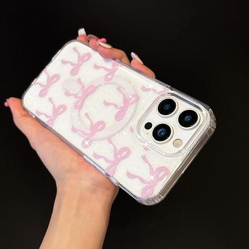UEEBAI Magnetic for iPhone 15 Pro Max, Glitter Bow Case Compatible with MagSafe, Wireless Slim Sparkly Clear Aesthetic Phone Cover Anti-Yellowing Protective Cover for Women Girl - Glitter Pink thumbnail 2