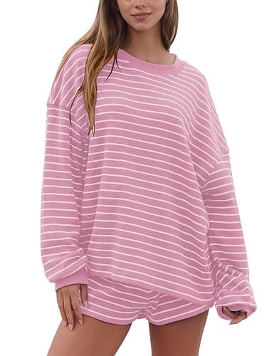 Ythomm Women Striped Waffle Knit Lounge Set 2 Piece Sweatshirt Shorts Sets | Long Sleeve Oversized Striped Sweatshirts Matching Set Jogging Lounge Wear - Image 1