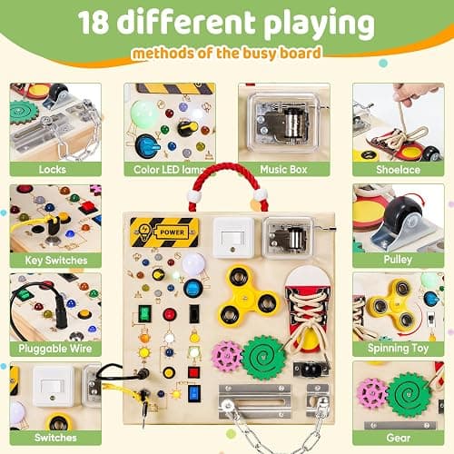 GNAYUIJ Montessori Wooden Busy Board Toys for 1 2 3 Years Old Boys Girls,Toddler Sensory Educational Fidget Board Travel Toy with LED Light Up Switches & Music Boxes, Locks for 1 to 6 Year Kids Gifts thumbnail 2