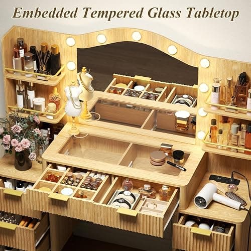 55" Big Fluted Vanity Desk with Mirror and Lights,Makeup Vanity with 8 Storage Drawers and 4 Storage Shelves,Glass Top & Power Outlet,3 Lighting Modes,Dressing Table for Women Girls Bedroom,Oak thumbnail 4