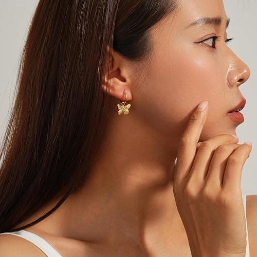 Sylph Hoop Earrings for Women, Dainty 14K Gold Plated Huggie Earrings with Charm Butterfly Drop Simple Hypoallergenic Titanium Steel Dangle Jewelry Gifts for Engagement Birthday Anniversary thumbnail 4