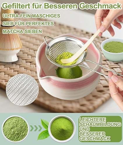 JBER Matcha Besen Set, Matcha Set 7-Teiliges - Bambus Matcha Whisk, Matcha Schale mit Auslauf, Besen Halter, Sieb, Löffel und Halter, Japanisches Matcha Kit für Matcha-Liebhaber, Farbverlauf Rosa thumbnail 3