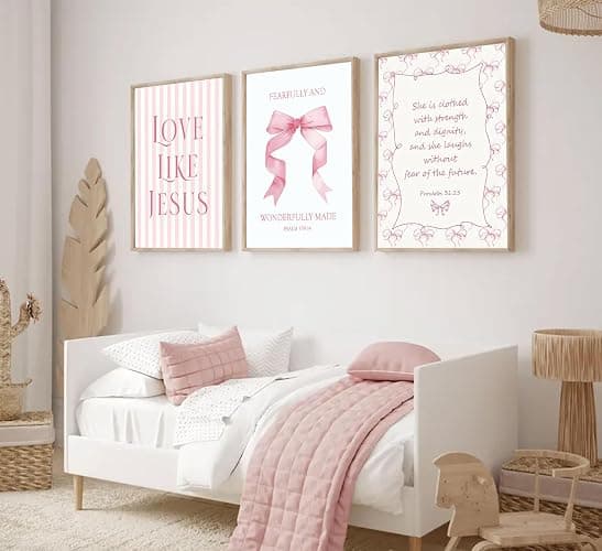 3Pcs Pink Christian Wall Art Coquette Bow Canvas Poster Print Inspirational Bible Verses Eclectic Aesthetic Preppy Painting Wall Decor for Teen Girls Bedroom Apartment 12x16in Unframed thumbnail 3