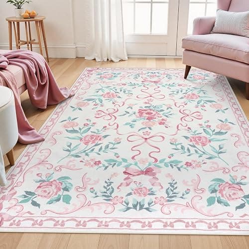 Collive Pink Rugs for Bedroom Girls, 4x6 Floral Washable Area Rug Non Slip, Soft Indoor Decor Elegant Carpet for Kids Room Nursery Living Room Dining Room (Pink 4' x 6') - Pink / Multi - 4' x 6' (Rectangular) - Image 1