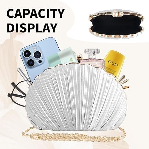 Veridina Women Mini Pleated Seashell Evening Clutch Handbag,Clutch Bag,Pearl Clutch,With Chain Strap thumbnail 6