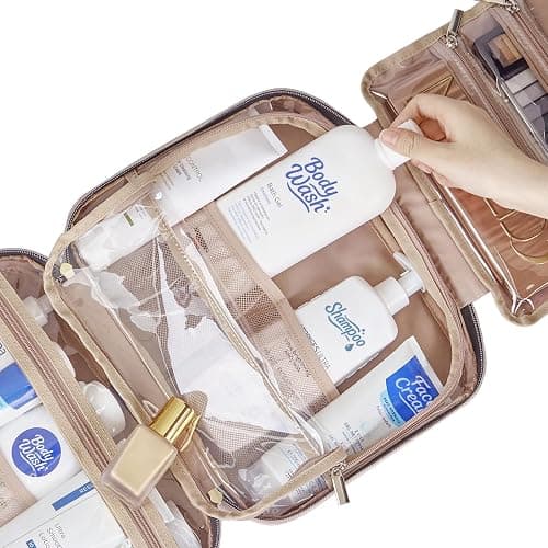 NISHEL Travel Toiletry Bag for women, Portable Hanging Organizer for Full-Sized Shampoo, Conditioner, Brushes Set, Makeup Accessories, Large Size, Pink thumbnail 5