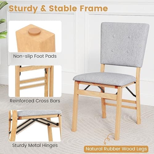 Giantex Folding Dining Chairs Set of 4, Armless Kitchen Chair w/Padded Seat & Tilt Backrest, Rubber Wood Legs, Upholstered Accent Side Chairs for Dining Room, Living Room, Restaurant thumbnail 9