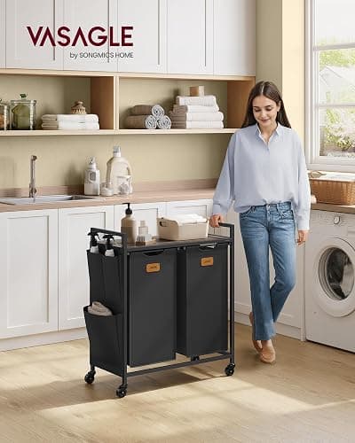 VASAGLE Laundry Hamper, Laundry Sorter Rolling Cart with Shelves, Small Side Pockets, 6 Labels, 2 Compartments, 26.4 Gal. (100 L), Ink Black and Ash Brown UBLH222BH01 thumbnail 2