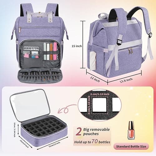 Nail Polish Organizer Case Backpack Holds 70 Bottles (15ml/0.5fl.oz) & Nail Lamp, 2 Layers Detachable Nail Kit Storage Case, Large Travel Nail Supplies Shoulder Bag for Manicure Tools (Purple) thumbnail 2